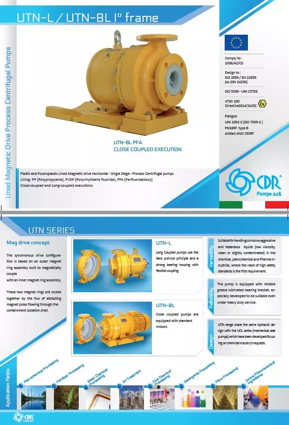 Brochure UTN Lined Magnetic Drive Process Centrifugal Pumps