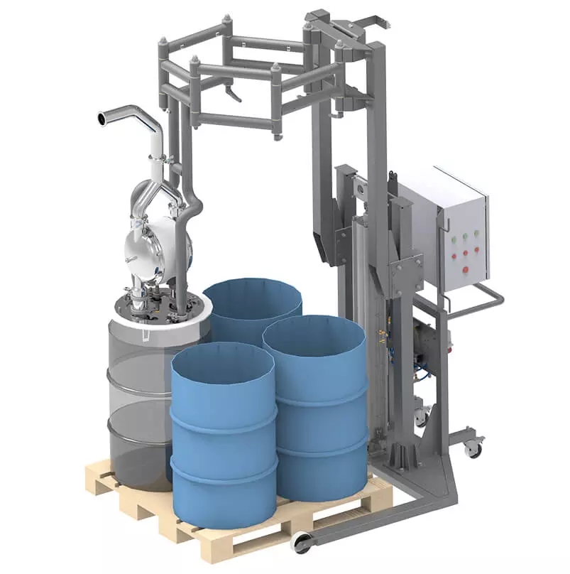 HVS Quattro system with pump raised and moved between the drums. Designed for efficient multiple drums unloading.